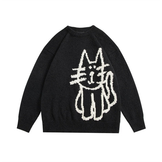 a high quality black color knitted cat sweater embroidered with a white cute cartoon cat design