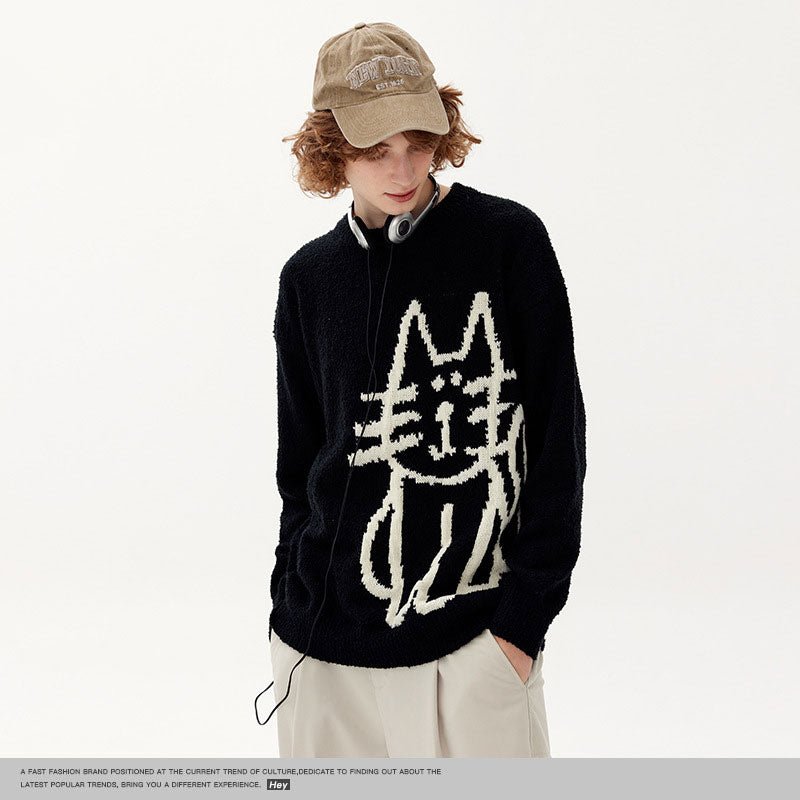 a man wearing a premium quality cute cat dad sweater in black color and embroidered with a white cartoon cat