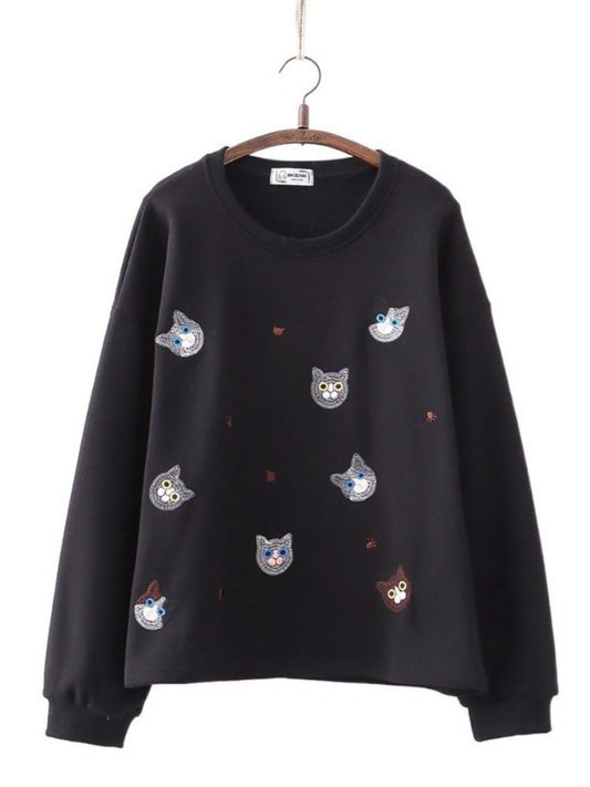 premium quality black women's cat sweater with cute cat embroidery patterm