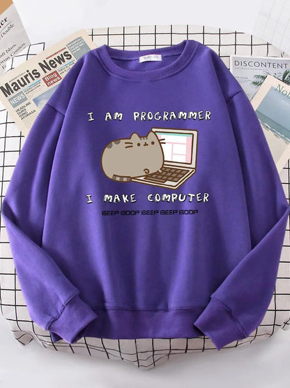 Cat-themed sweater with "I am programmer, I make computer" prin