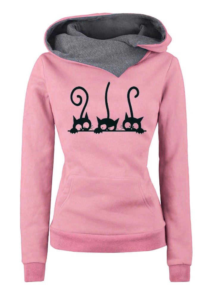 pink color hoodie made for cat moms featuring 3 mischievous cats that looks adorable and cute 