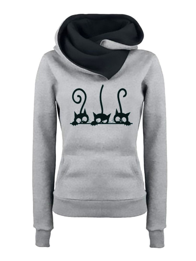 grey color hoodie with halloween inspired design of 3 witch cats