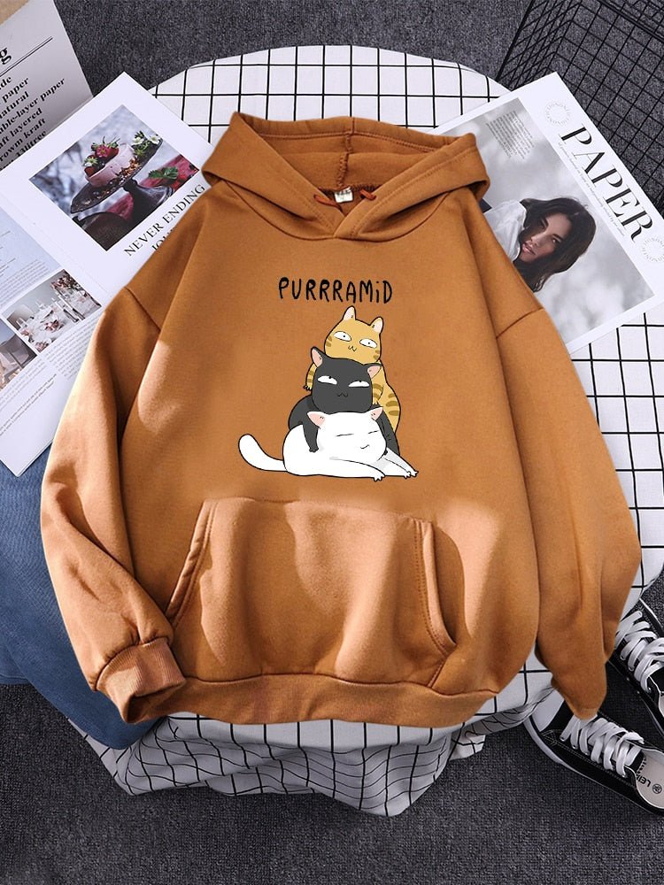 brown color hoodie with picture of 3 cats and a pun
