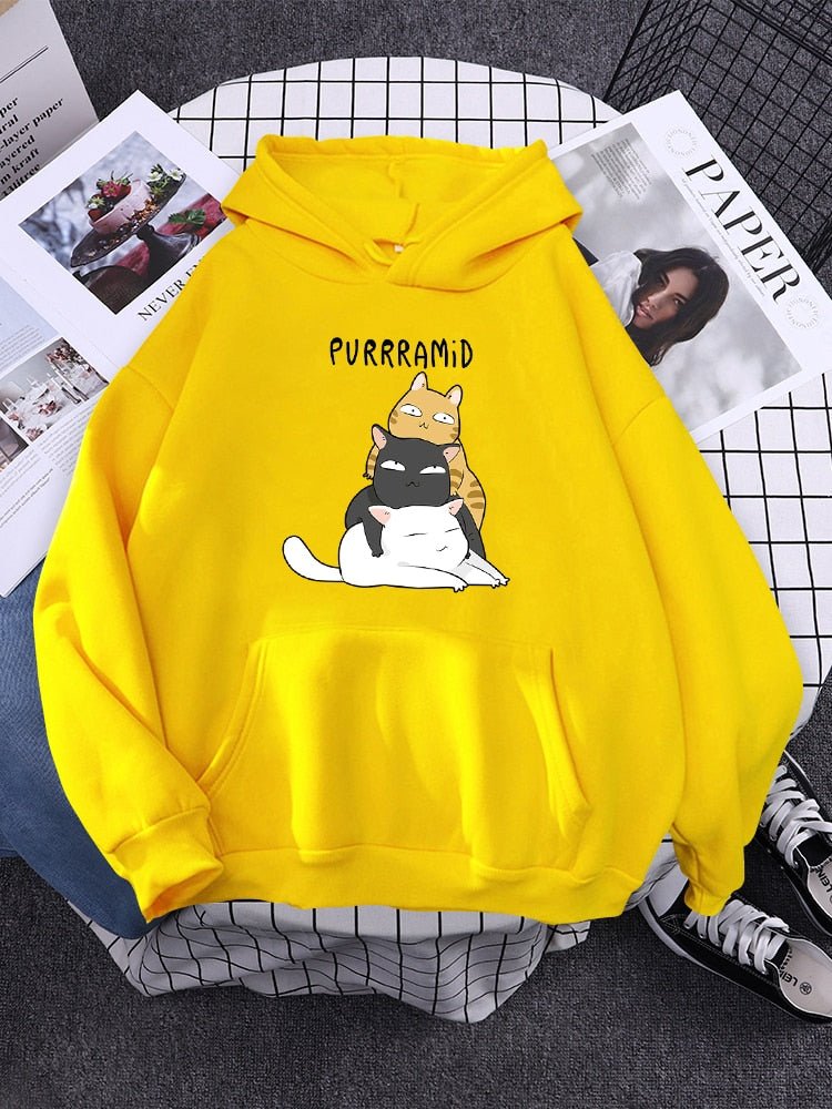 yellow hoodie designed for cat lover and printed with three cute cat stacking together like a pyramid