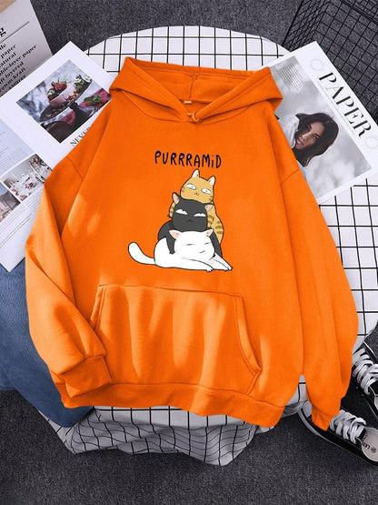 orange cat themed hoodie showing 3 cats stacking together with a cute pun