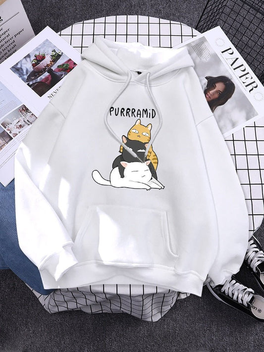 white hoodie made for cat mom with printed words purramid and three cute cats stacking together 