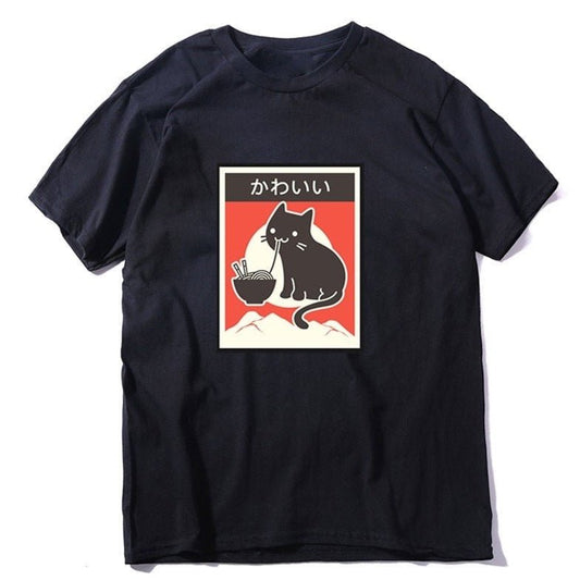 funny cat shirts with wide range of sizes featuring a japanese cat eating noodle