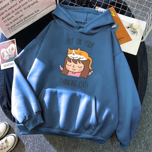 haze blue color hoodie made for cat lover with funny pun of thinking cat