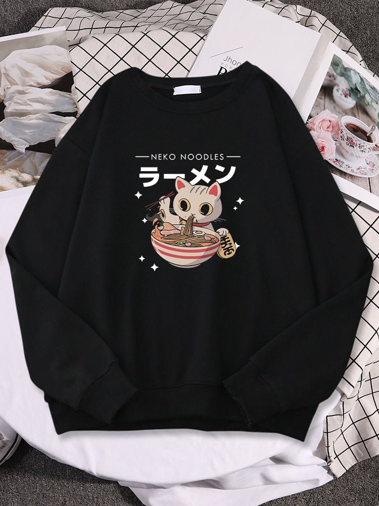 a black color cat print sweatshirt with a picture of a cat eating ramen