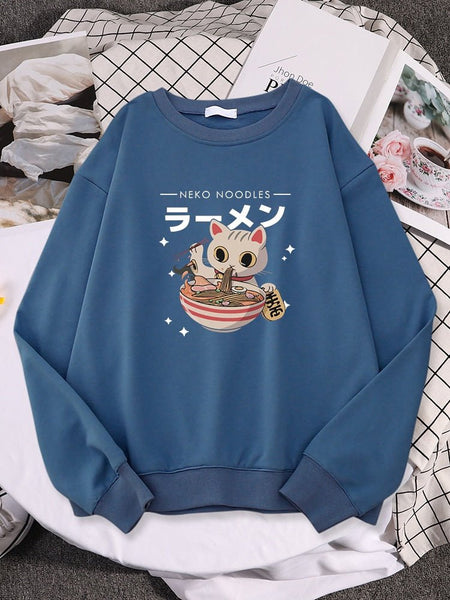 Meowgicians Cat Pattern Sweater The Ramen Addicted Japanese Cute Cat Sweatshirt Haze Blue XXL