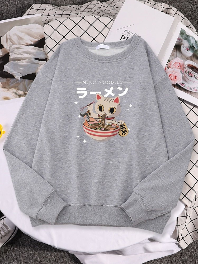 a grey color funny cat sweatshirts with a picture of a cat eating ramen