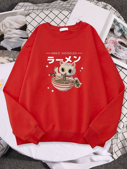 a red color cute cat sweatshirt with a picture of a cat eating ramen 
