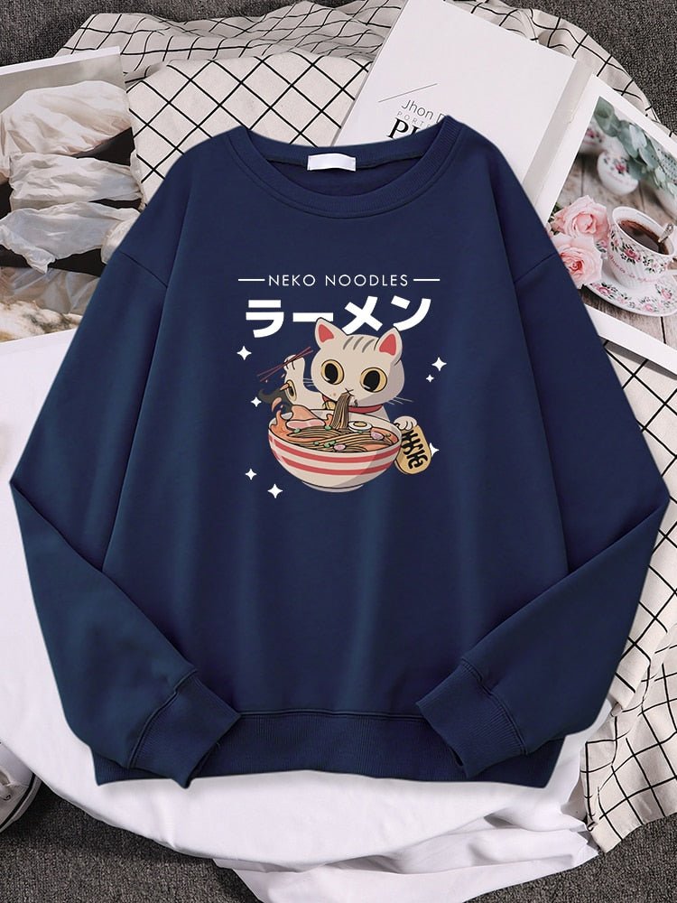 a blue color cute cat sweaters with picture of a cat eating ramen