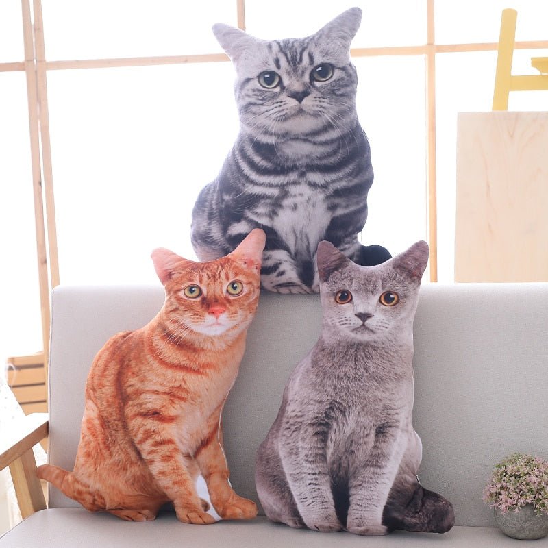 an orange cat, british shorthair, and grey cat plush