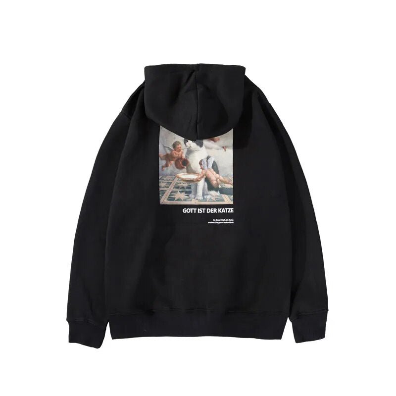 Majestic Renaissance angels and cat design on black hoodie