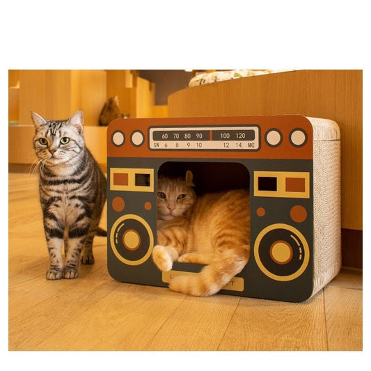 wooden cat bed with a retro radio design that looks unique and creative