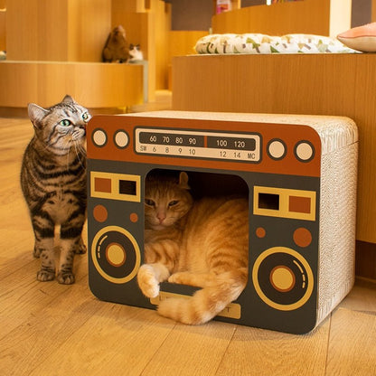 retro style cat bed that comes with a scratching board that looks adorable