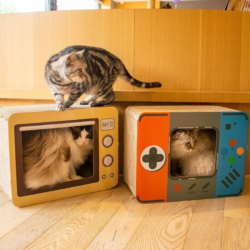 retro appliances and gameboy design scratching board and bed made for cat