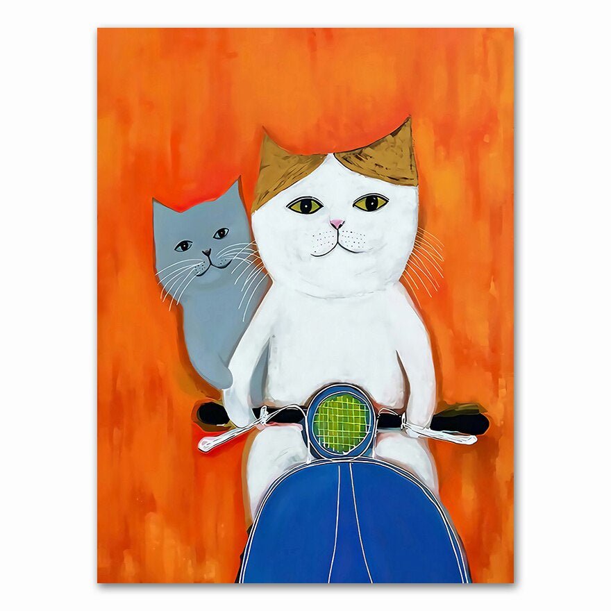 cat riding a bike with friend cat cycling canvas oil painting