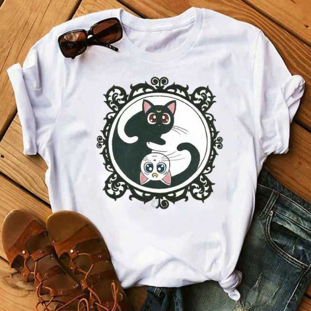 Front view of Sailor Cat lady shirt in white color for casual and everyday wear by Meowgicians