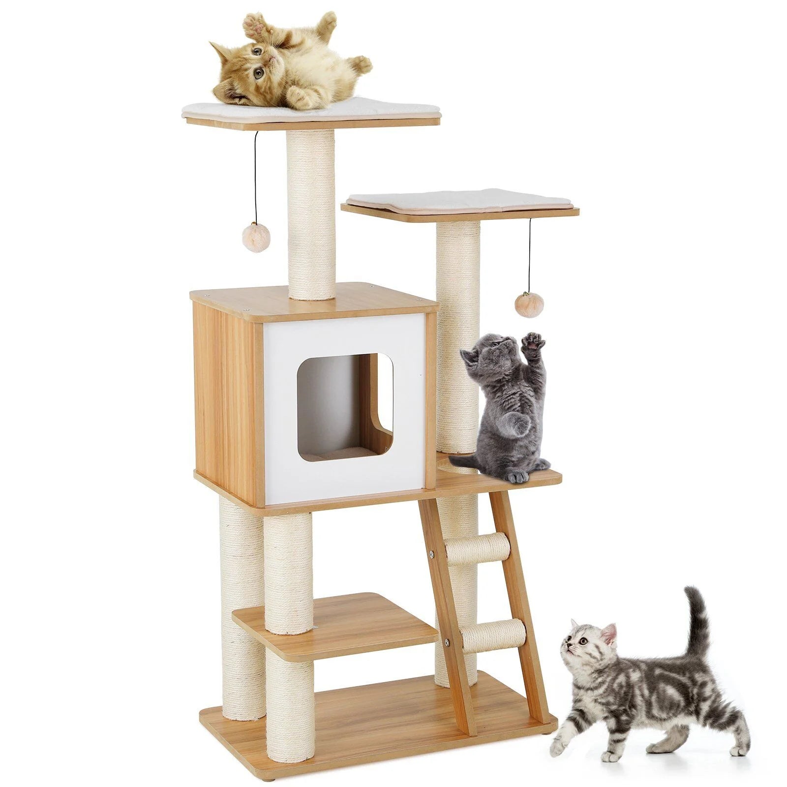 kittens playing at a three level deluxe wooden cat tree tower with interactive attached fur ball
