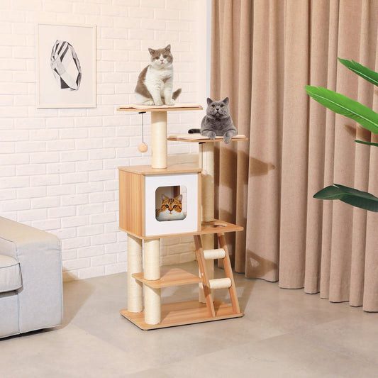 3 cats laying on a solid wood Scandinavian cat tree that has two platform and one enclosed space with ladder for cats