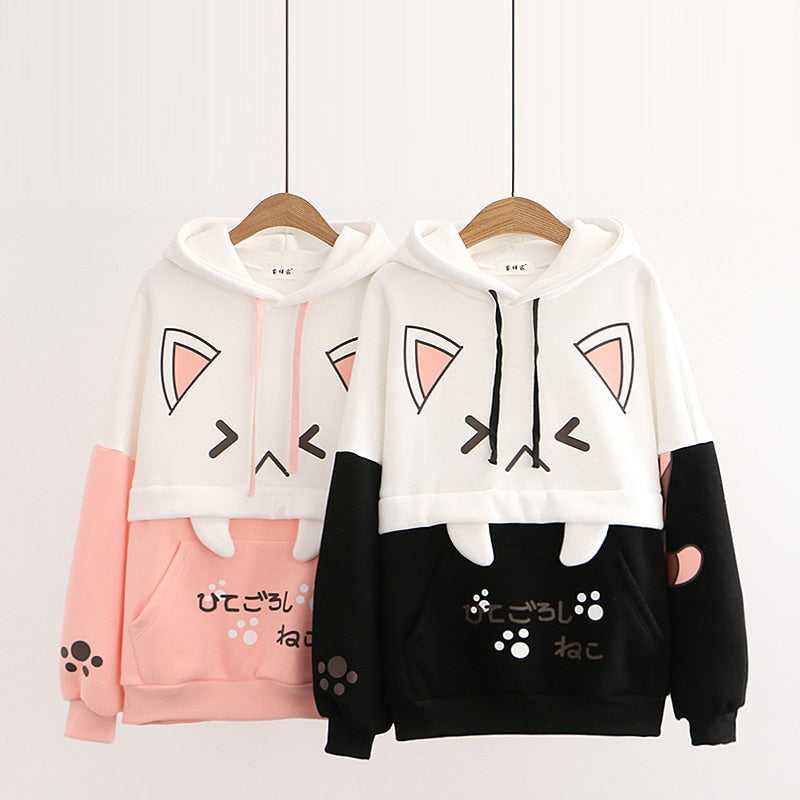 a pair of cat hoodie for couple with cute cat face design that looks adorable