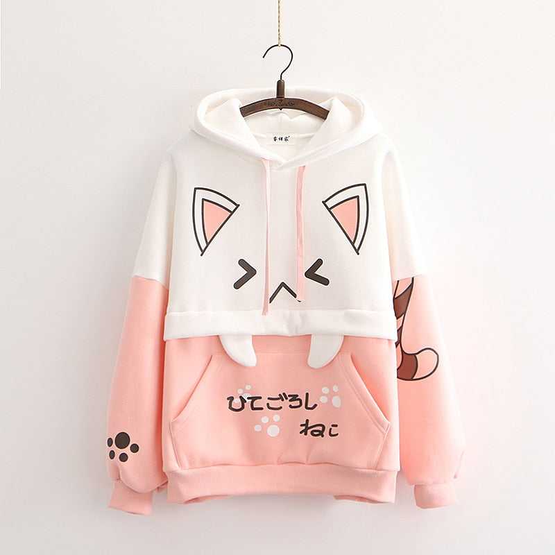 cute pink cat hoodie featuring a big cat face with tail and paws made for cat lovers