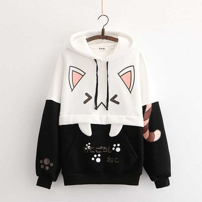 black and white hoodie with cute design of cat ears, paws, and funny face