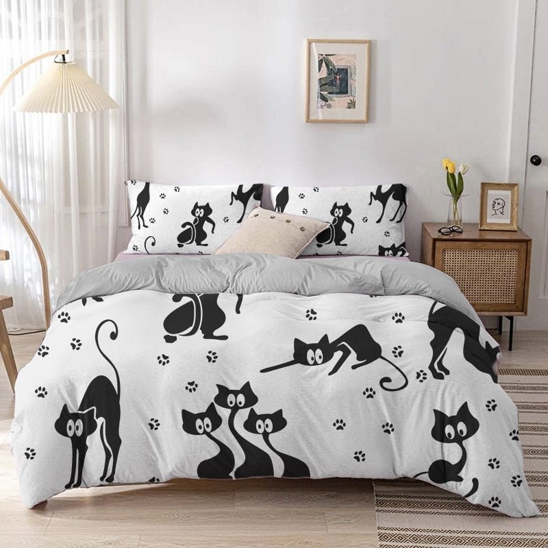 Black and white cat bedspread with unique cat illustration