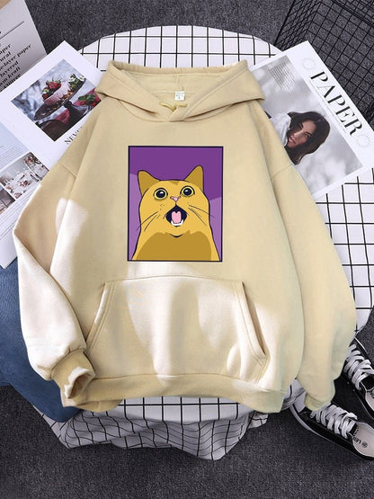 beige color cat hoodie with funny picture of a shocking cat printed on it to wear on casual days