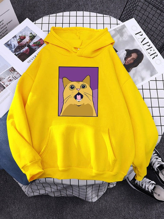 cat hoodie that is cute with a picture of a shocking cat printed on it in yellow color