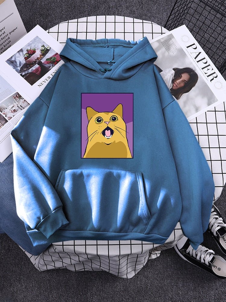 haze blue color hoodie with cat meme printed on it