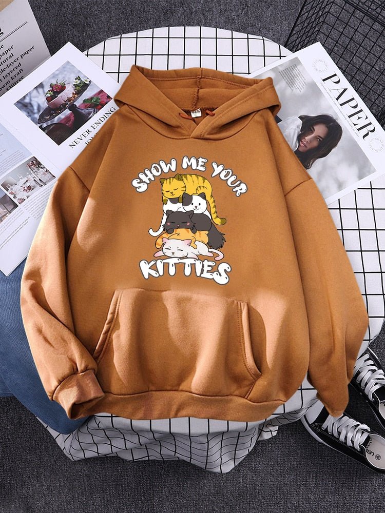 Five cute cats stacked together printed on "Show Me Your Kitties" hoodie, perfect for cat lovers or as a gift to a cat mom