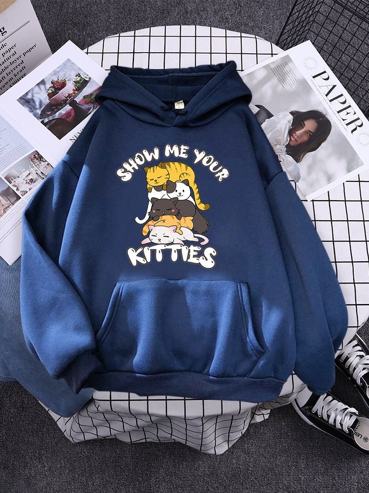 blue color hoodie with cute cats stacking on each other designs that looks adorable for casual wear