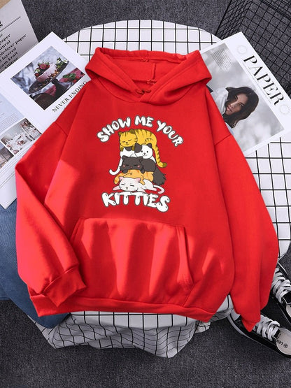 red hoodie with stacking cats pictures for funny looking outfit