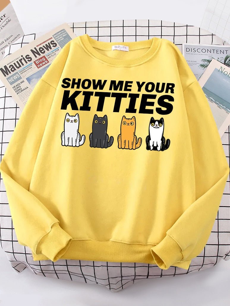 a yellow crazy cat lady sweatshirt with funny pun