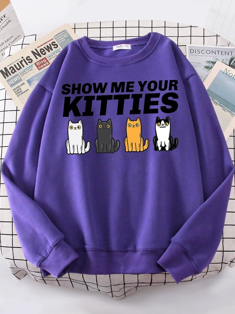 a purple womens cat sweatshirt with funny puns