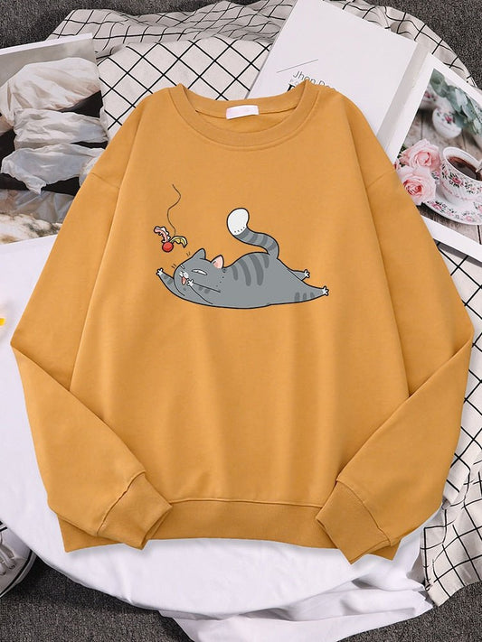 a orange color funny cat sweatshirts with a picture of a cat playing with a shuttlecock
