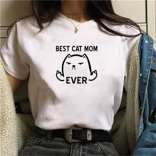 White t-shirt for women featuring a cat's funny and rebellious graphic