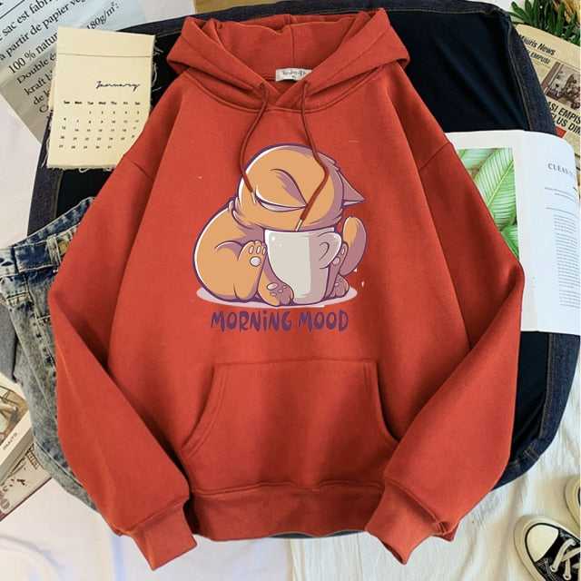 brick red color adorable unisex hoodie for cat lovers showing a sleepy cat quoted with morning mood words 