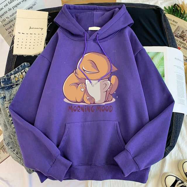 purple color cat hoodie for cat dad featuring an adorable ginger cat dipping his head into coffee mug with morning mood word at the bottom