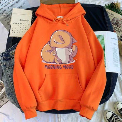orange color cartoon hoodie for cat lovers that looks funny quoted morning mood