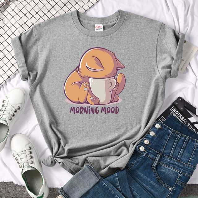 cat t shirt in grey color with morning mood