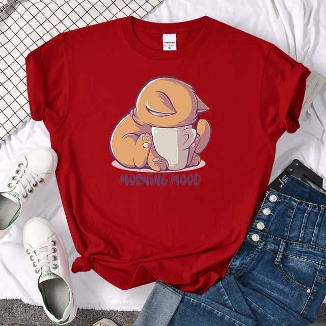 red color cats t for human with cute morning mood cat design