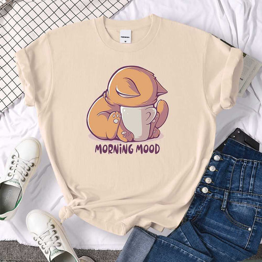 Cute cat t-shirt showcasing a sleepy cat diving into a coffee mug