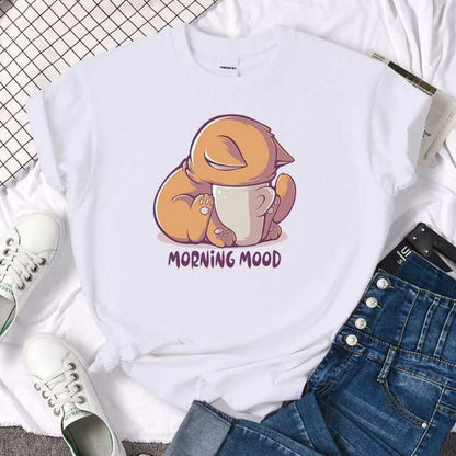 Funny cute cat shirt illustrating the 'Morning Mood' with a cat and coffee scene
