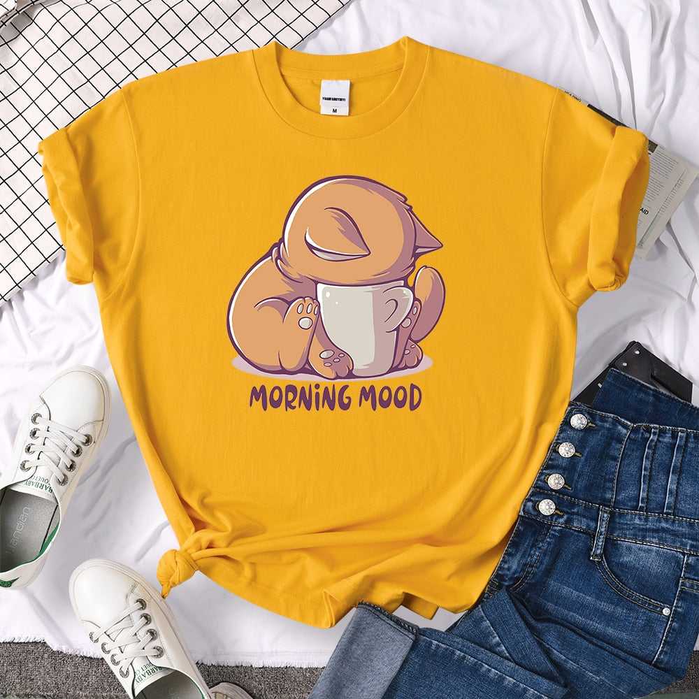yellow cat lover t shirt in morning mood design