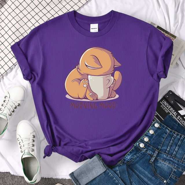 purple funny cat shirts with morning mood design