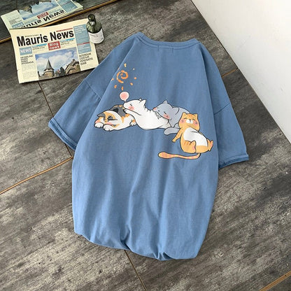 cat t shirt with trendy summer design in blue